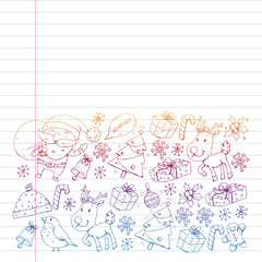 Christmas winter party. Happy new year. Bullfinch, Santa Claus, snowman, deer. Presents and candy.