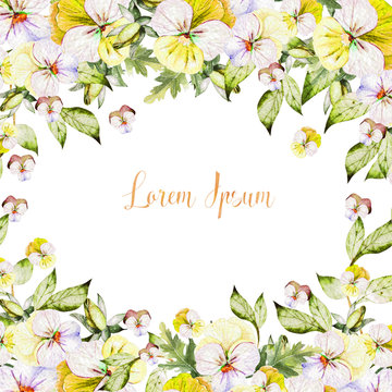 Watercolor colorful card with pansy flowers. 