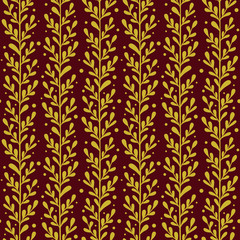 Vector seamless pattern with gold vertical branches and leaves on dark red background; abstract floral design for fabric, wallpaper, textile, web design.