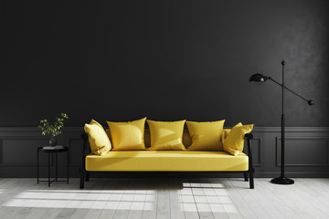 Luxury dark living room interior background, black empty wall mock up, living room mock up, modern living room with yellow sofa and black lamp and table, scandinavian style, 3d rendering - obrazy, fototapety, plakaty