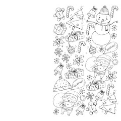 Christmas winter party. Happy new year. Bullfinch, Santa Claus, snowman, deer. Presents and candy.