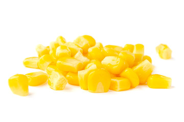 Canned corn isolated on a white background close-up. Side view. Yellow raw corn grains. Canned sweet corn on a white background. Ripe corn grains on a white background. Layout for advertising, labels.