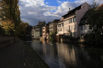 Traditional Alsatian timber framed houses on the banks of River Ill in Petite France, Strasbourg, France.