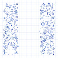 Christmas winter party. Happy new year. Bullfinch, Santa Claus, snowman, deer. Presents and candy.