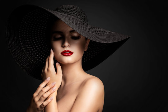 Woman lips and Black Hat, Fashion Model Beauty Portrait, Elegant Lady in Wide Broad Brim Hat