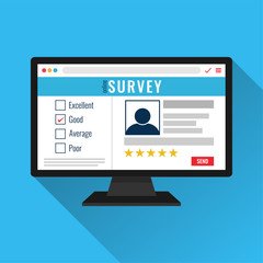Website of online survey form on monitor screen concept. questionnaire audience to create as Web forms with database to store the answers. vector illustration