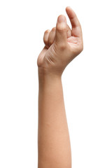 Boy Asian hand gestures isolated over the white background. Small thing grab.