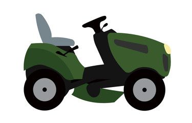 Flat vector green lawnmower tractor isolated on a white background.