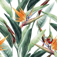 Photo sur Plexiglas Printemps Motif floral sans couture avec feuilles tropicales et strelitzia sur fond clair. Conception de modèles pour les textiles, l& 39 intérieur, les vêtements, le papier peint. Illustration à l& 39 aquarelle