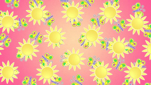 Abstract animated video with the sun and painted butterflies on a pink background with imitation of jammed paper in horizontal motion with rotation.