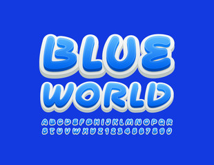 Vector bright logo Blue World. Blue stylish Font. Modern Alphabet Letters and Numbers.