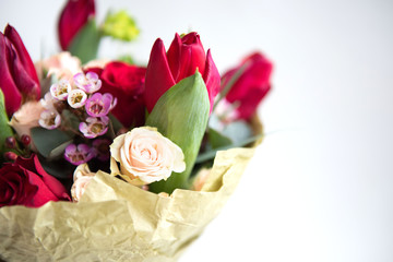 Bouquet of flowers. Beautiful flowers for valentines and wedding scene. Valentines and 8 March Mother Women's Day concept.