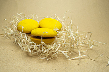 Three macaroons closeup on wood shavings