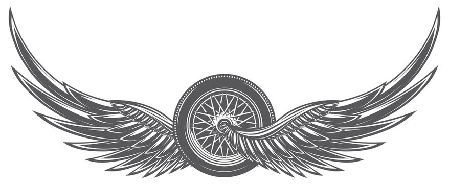 Vector monochrome illustration with wings and wheel