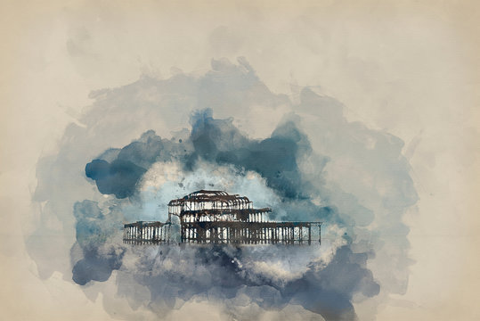 Digital watercolor painting of Landscape image of derelict Victorian West Pier at Brighton in West Sussex with dramatic evening sky