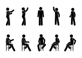 pictogram people sit and stand, man icon, human silhouette in various poses, stick figure illustration
