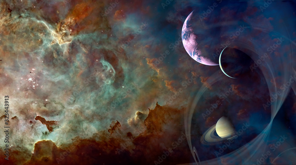 Wall mural pink planet with satellite in deep space fantasy cosmic background
