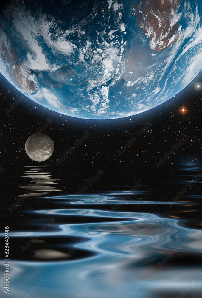 Poster planet and satellite in outer space with water surface reflection