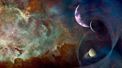 Pink planet with satellite in deep space fantasy cosmic background