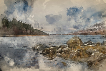 Digital watercolor painting of Beautiful Winter landscape image of Llynnau Mymbyr in Snowdonia National Park with snow capped mountains in background