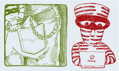 virtual robbery and digital crime cartoon illustration isoalated on white