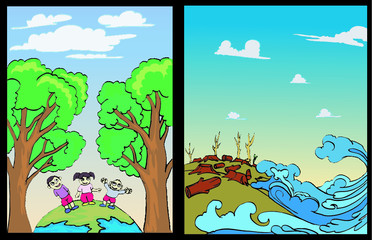 Children cheers over the globe with tree and sky background