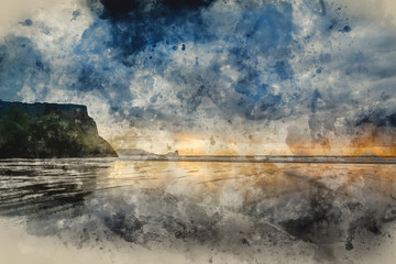 Digital watercolor painting of Landscape image of old shipwreck on beach at sunset in Summer