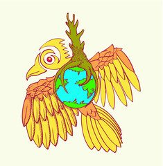 Eagle flying over the globe cartoon symbol