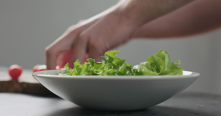 man add frisee salad leaves into white bowl