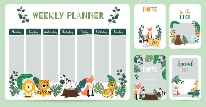 cute animal weekly planner background with giraffe,tiger,lion,leopard.Vector illustration for kid and baby.Editable element