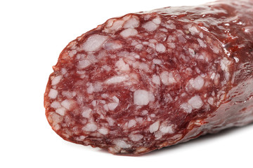 Macro view of Salami smoked sausage stick isolated
