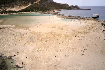 Amazing aerial drone top panoramic view on the famous Balos beach in Balos lagoon and pirate island...