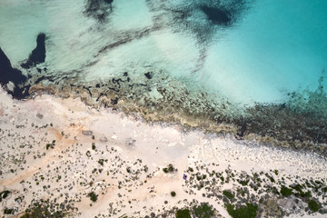 Amazing aerial drone top panoramic view on the famous Balos beach in Balos lagoon and pirate island...