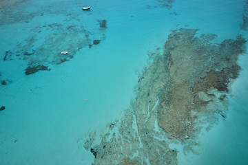 Amazing aerial drone top panoramic view on the famous Balos beach in Balos lagoon and pirate island Gramvousa. Place of the confluence of three seas. Balos beach, Chania. Crete island. Greece. Europe.
