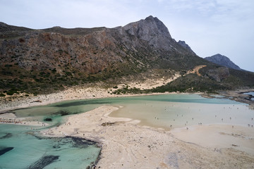 Amazing aerial drone top panoramic view on the famous Balos beach in Balos lagoon and pirate island...
