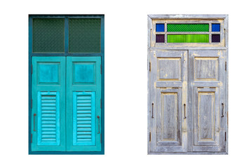 Old wooden windows with colorful glass on white background with clipping path.