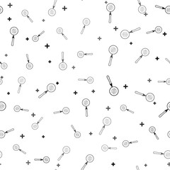 Black Magnifying glass with globe icon isolated seamless pattern on white background. Analyzing the world. Global search sign. Vector Illustration