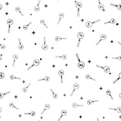 Black Magnifying glass with world map icon isolated seamless pattern on white background. Analyzing the world. Global search sign. Vector Illustration