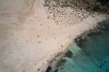 Amazing aerial drone top panoramic view on the famous Balos beach in Balos lagoon and pirate island...