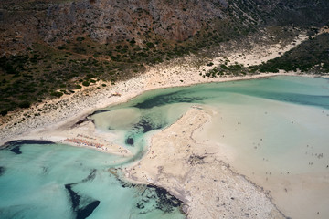 Amazing aerial drone top panoramic view on the famous Balos beach in Balos lagoon and pirate island...