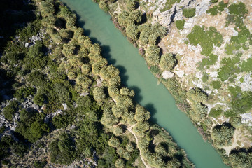 Aerial view of Preveli palm beach and lagoon near Rethymno in Crete, Greece, Mediterranean