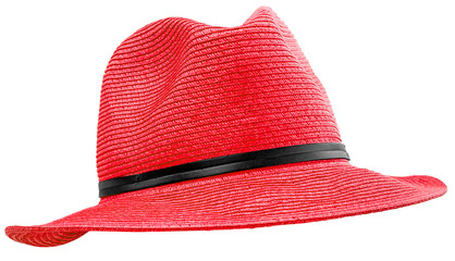 chapeau Féminin rouge sur fond blanc  - obrazy, fototapety, plakaty