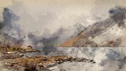 Digital watercolour painting of Stunning landscape image of Wast Water in UK Lake District during moody Spring evening