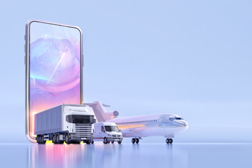 Online tracking service app fast shipping delivery, 3D illustration design concept with delivery truck car, airplane aircraft, cargo van, mobile smartphone, logistics map. Logistic network application