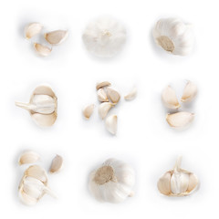 collage of fresh fragrant garlic isolated on white. top view on garlic which is most commonly used for conditions related to heart and blood system. delicious hot garlic is used for making tasty dish