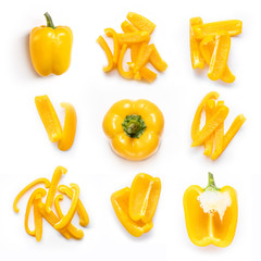 Collage of fresh organic yellow peppers isolated on white background. This delicious vegetable is used widely throughout the world for making various salads and dishes