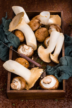 Wooden tray filled with a mixture of mushrooms and fresh thyme, with a cloth and a knife