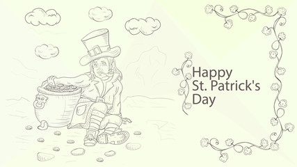 illustration outline coloring banner with St Patricks day in the style of Doodle a small leprechaun dwarf sitting leaning on a pot of gold coins in a green suit