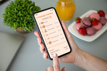 female hand holding phone with app tracking delivery package