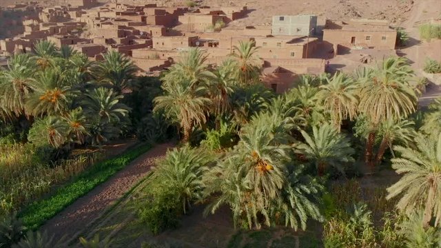 Remote village in dry landscpae of Morocco, drone shot